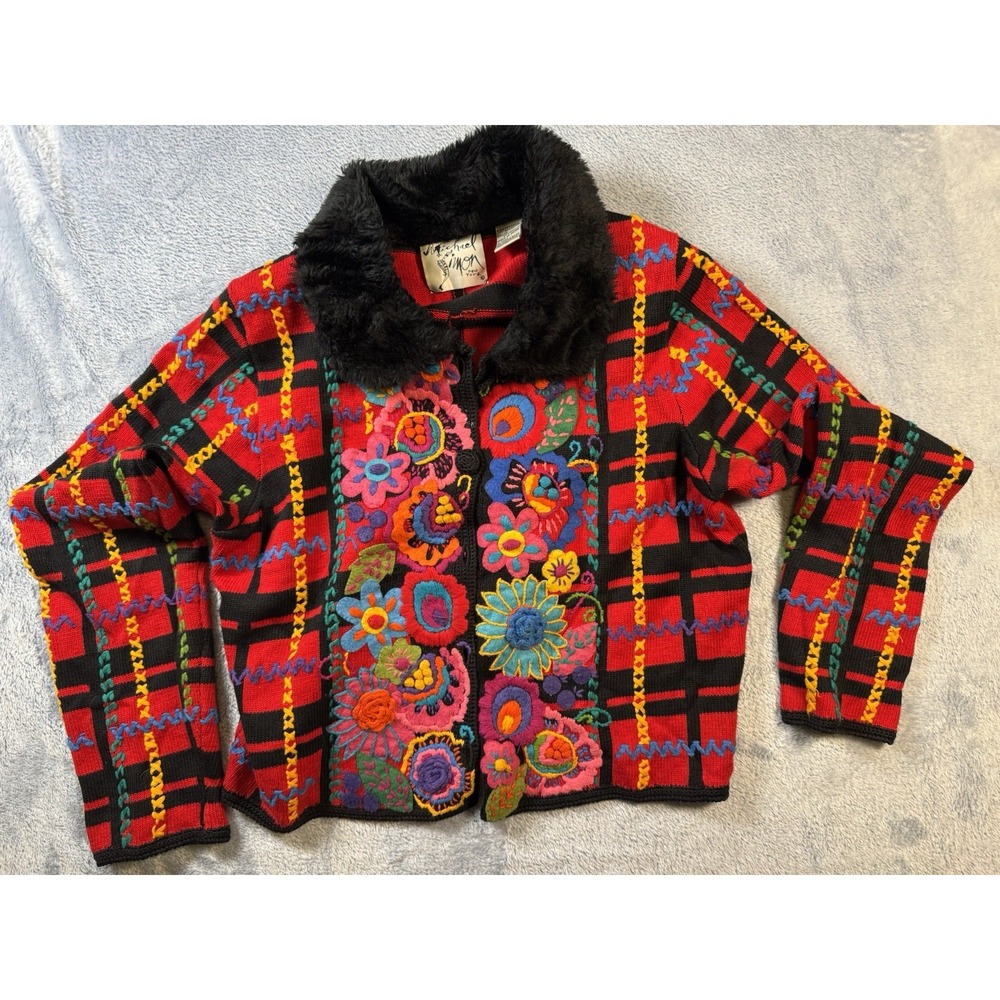 Vtg 1997 Michael Simon Plaid Sweater Jacket Floral Embroidered Faux Fur Large